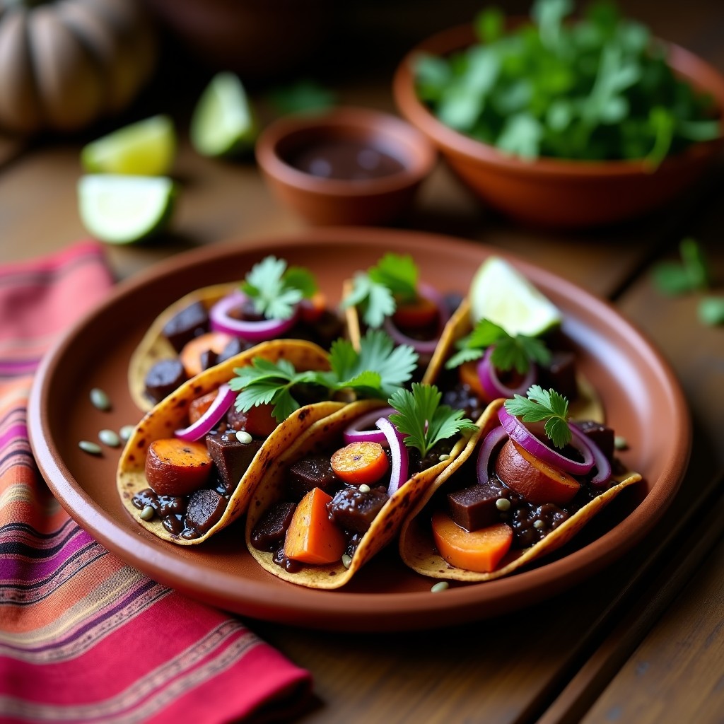 Plato de tacos de raíces asadas con mole negro vegano: tortillas de maíz azul rellenas de bastones dorados de zanahoria, chirivía y remolacha bañados en mole negro brillante, decorados con cebolla morada, cilantro fresco, semillas de calabaza y gajos de limón. Presentación rústica sobre mesa de madera con fondo borroso.