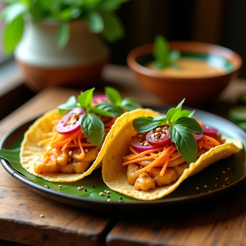 Tacos de Raíces de Loto Crujientes con Salsa de Cacahuete: Receta Vietnamita Vegana