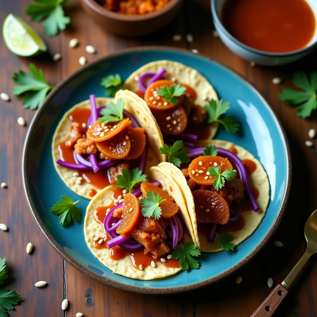 Plato de tacos veganos tailandeses con tortillas de maíz azules rellenas de jackfruit desmenuzado dorado, rodajas crujientes de raíz de loto, lechuga morada y salsa de tamarindo espesa. Decorados con cilantro fresco y semillas de sésamo tostadas sobre una mesa de madera rústica.