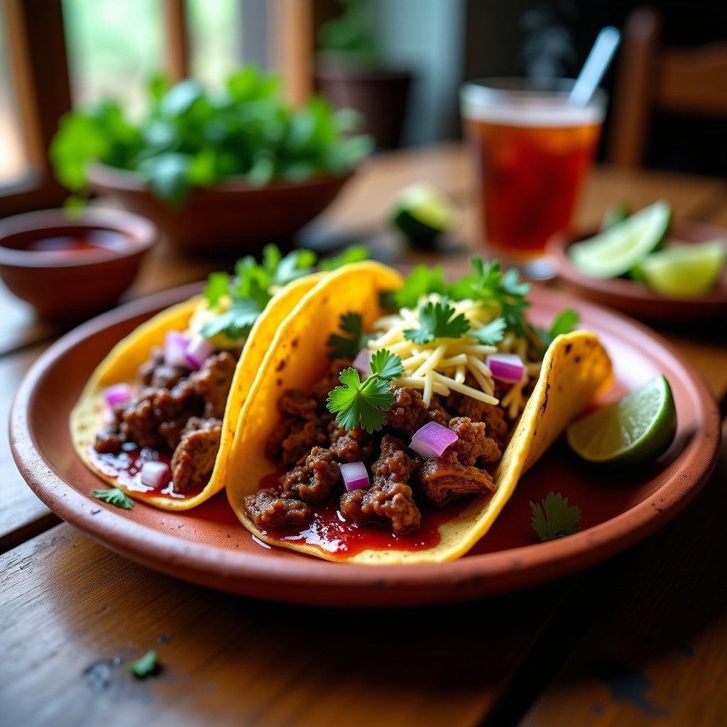 Plato de tacos de res birria con consomé tradicional en olla lenta: tortillas de maíz rellenas de carne jugosa, bañadas en consomé rojo intenso, con cebolla morada, cilantro y queso Oaxaca gratinado. Acompañados de gajos de limón verde y más consomé en un tazón aparte.