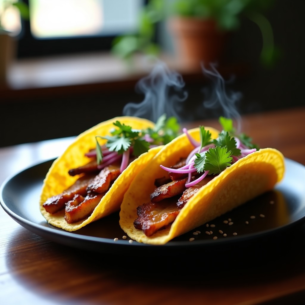 Tacos abiertos de tortilla de maíz con rodajas doradas y crujientes de raíz de loto como base, cubiertos de tiras jugosas de pato Pekín marinado, cebolla morada en juliana, cilantro fresco y semillas de sésamo, servidos en un plato de cerámica negra con fondo borroso de cocina moderna.