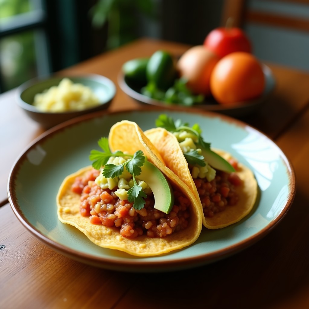 Tacos abiertos con base de hoja de lechuga romana rellenos de fideos shirataki dorados y ceviche de aguacate, jitomate y cebolla morada, decorados con semillas de sésamo negro sobre un plato de madera rústica. Receta keto japonesa-mexicana.