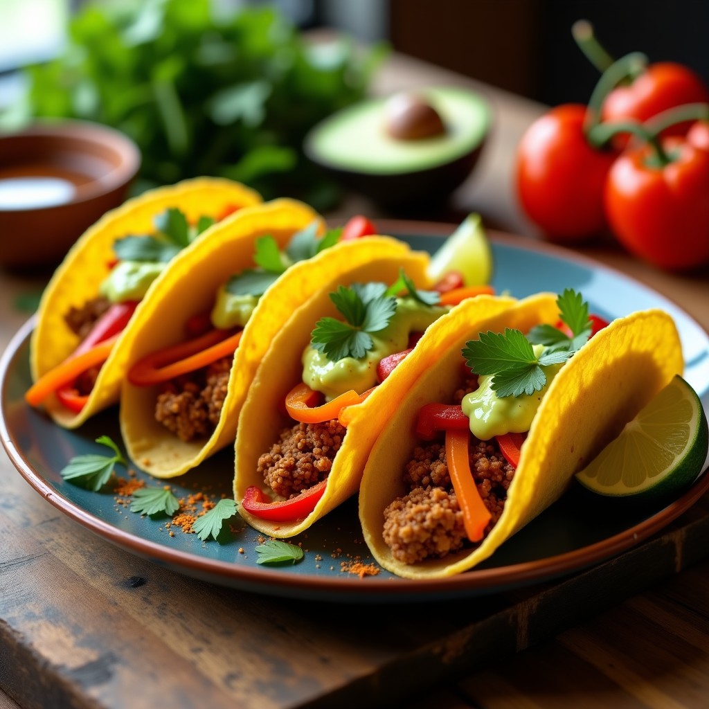 Plato de tacos de carne de soja dorada y pimentones asados en tortillas de maíz, bañados con salsa de aguacate cremosa, decorados con cilantro y rodajas de lima, receta en airfryer vegana y alta en proteína.