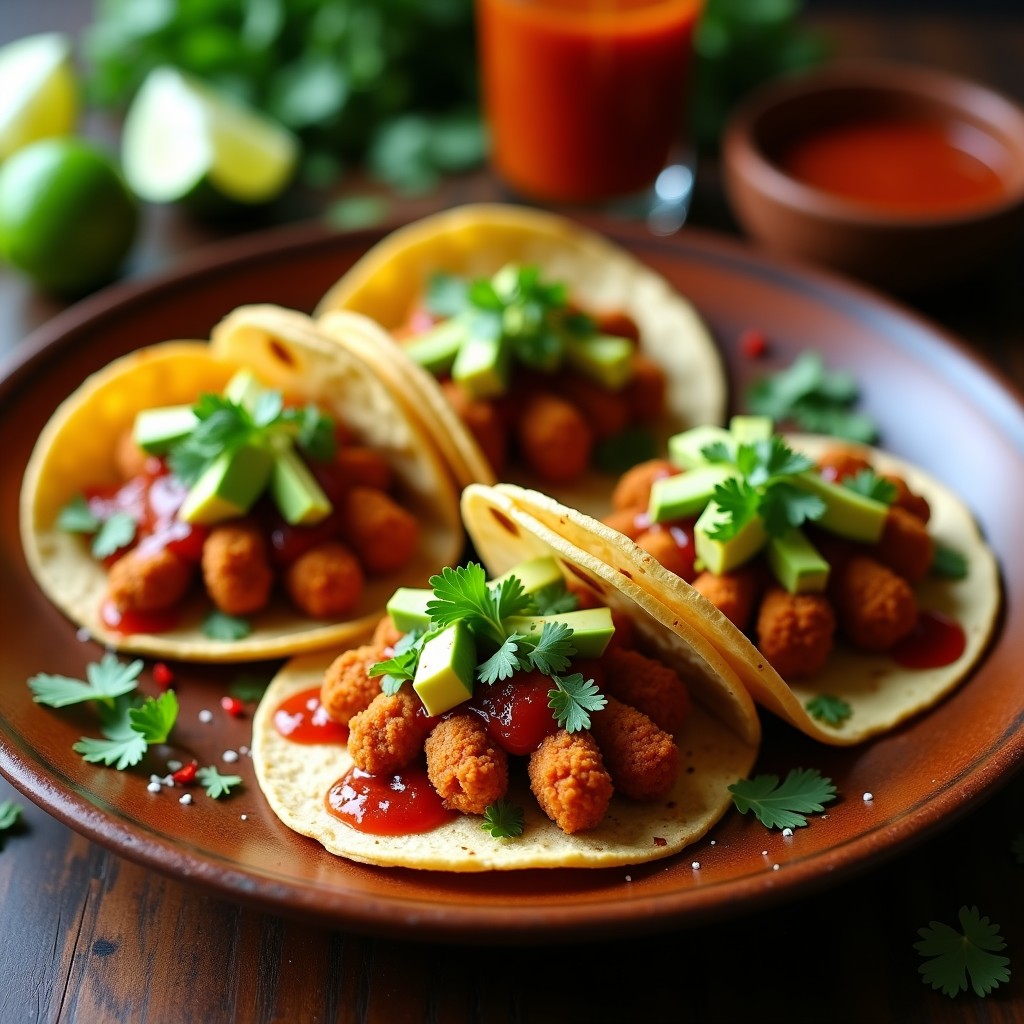 Plato de tacos de maíz azul rellenos de carne de soja texturizada dorada, bañados con salsa de tamarindo brillante, decorados con cebolla morada, jitomate y cilantro fresco, sobre un mantel rústico de tela.