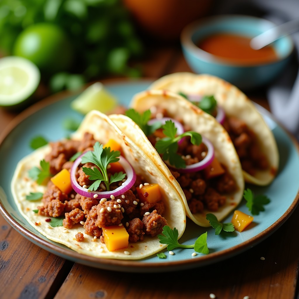 Tacos veganos de chorizo de tempeh desmenuzado y piña asada caramelizada sobre tortillas de maíz, acompañados de cebolla morada, aguacate y cilantro fresco. Plato colorido con toques dorados y verdes, típico de receta hawaiana-mexicana.
