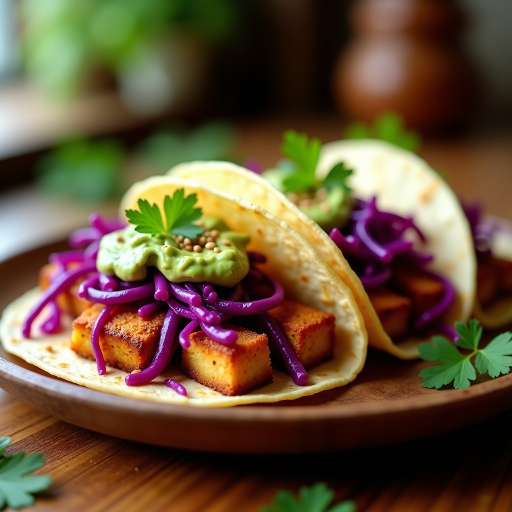 Tacos de tempeh dorado y crujiente sobre tortillas de maíz azules, rellenos de repollo rojo morado en juliana, crema de aguacate verde claro, semillas de sésamo y cilantro fresco. Plato colorido con toques indonesios y mexicanos, servido en un plato de barro rústico.