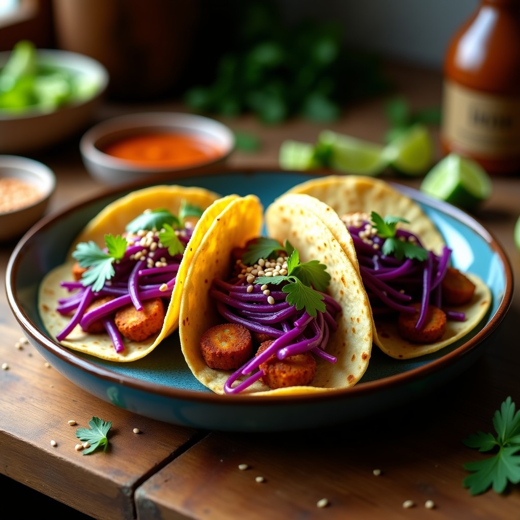 Plato de tacos veganos con chorizo de tempeh desmenuzado dorado, repollo morado encurtido en juliana, cilantro fresco y aderezo cremoso de chipotle sobre tortillas de maíz azules. Presentación colorida y apetecible con fondo rústico.