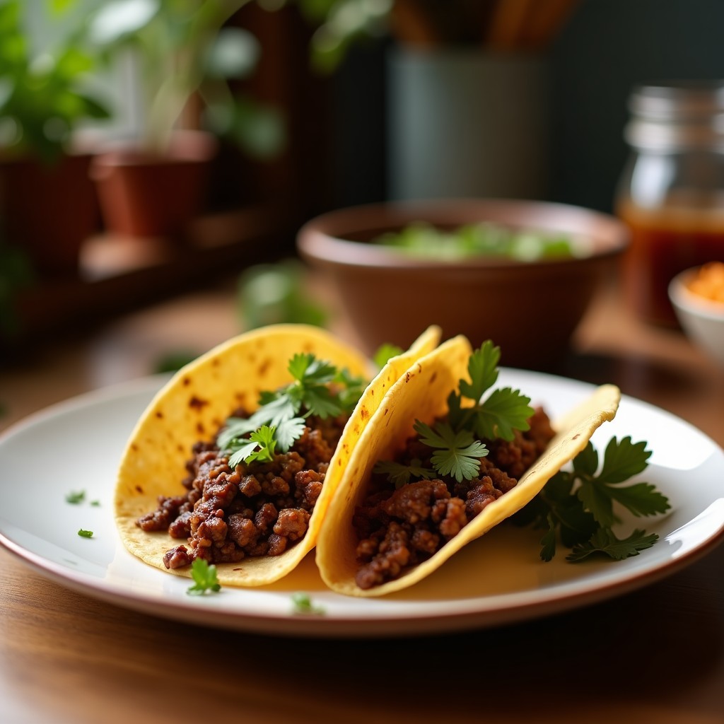 Tacos de ternera barbacoa con café en airfryer, servidos en tortillas de maíz con cilantro fresco y rodajas de limón, sobre tabla de madera rústica.