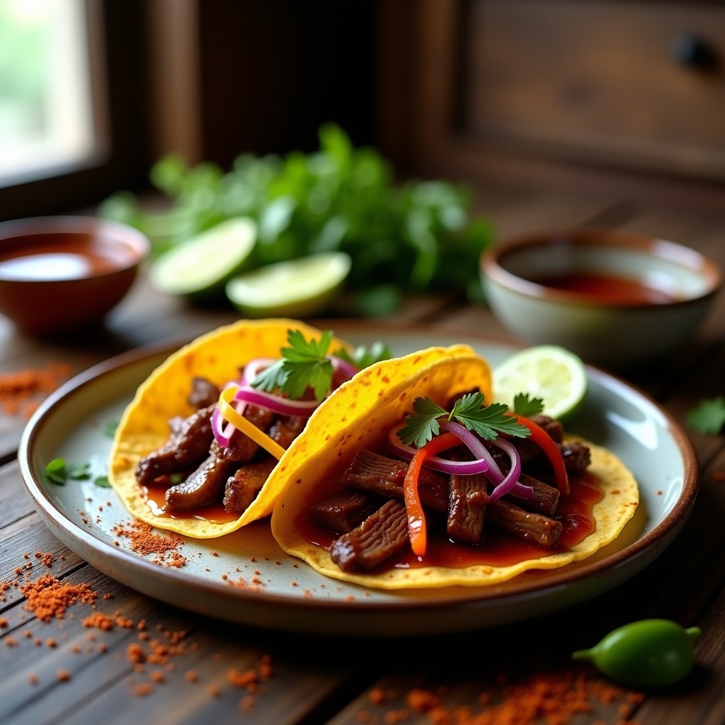 Plato de tacos de ternera al ajillo con barbacoa, rellenos en tortillas de maíz doradas, cebolla morada, pimiento rojo y cilantro fresco, servidos en tabla de madera rústica.