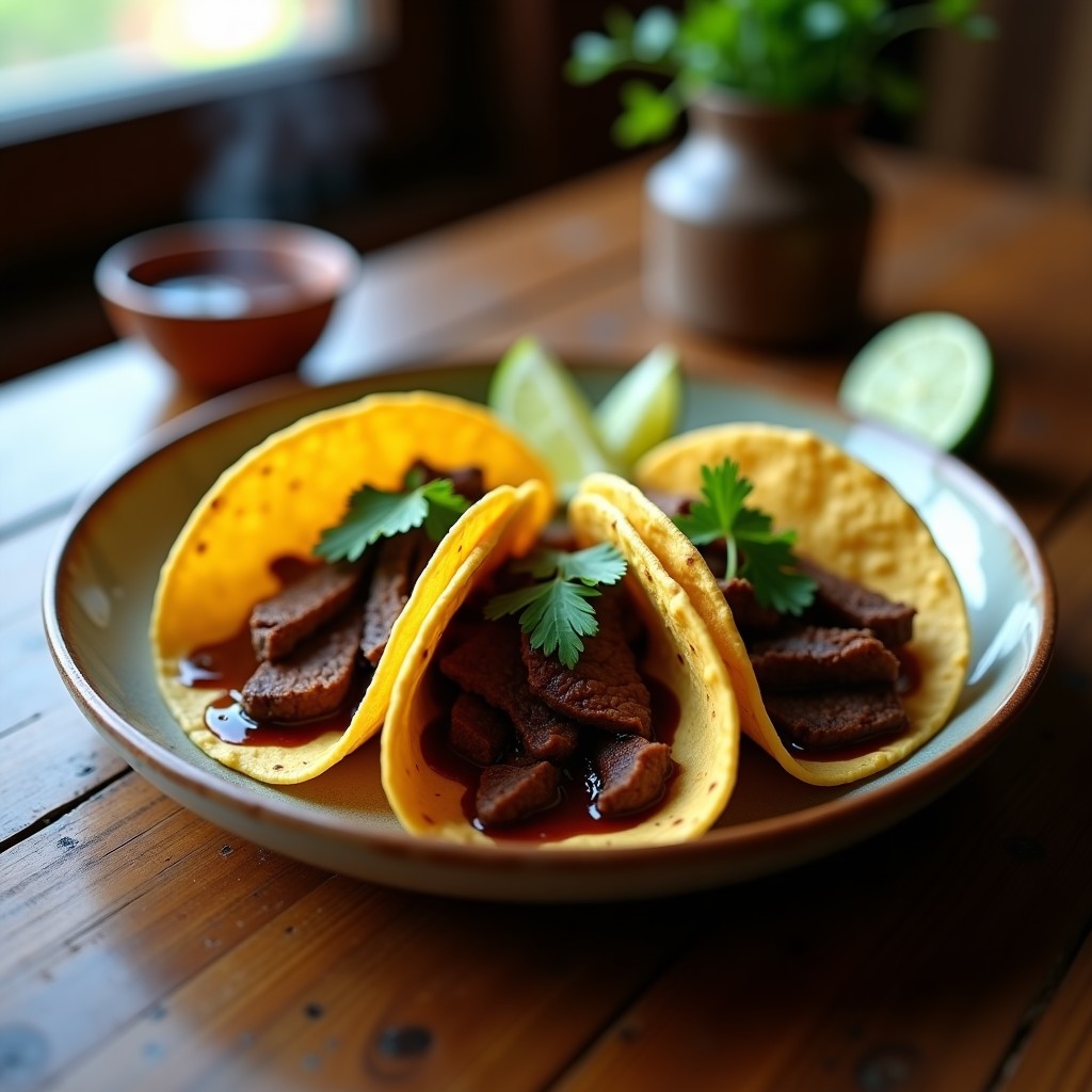 Plato de tacos de ternera con mole poblano, tortillas de maíz doradas rellenas de ternera jugosa y bañadas en salsa de mole oscuro y brillante, decorados con cilantro fresco.