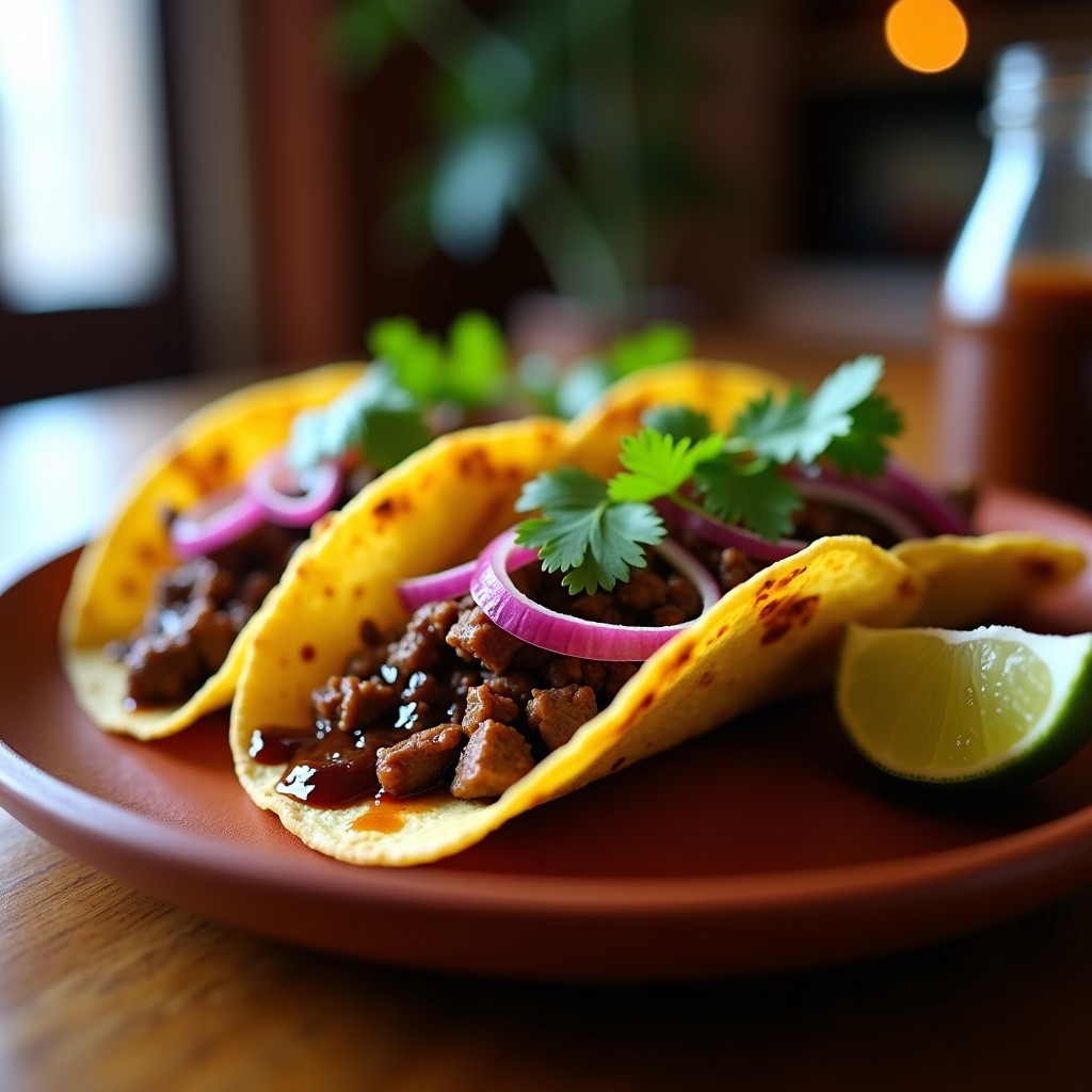 Tacos de ternera dorada en tortillas de maíz, acompañados de cebolla morada, cilantro fresco y bañados en salsa morita oscura. Plato servido en un plato de barro con limón al lado.