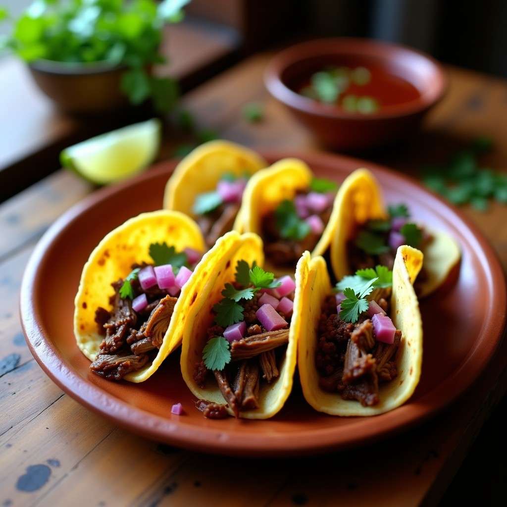 Plato de tacos de ternera al whisky ahumado en tortillas de maíz, con carne jugosa desmenuzada, cebolla morada y cilantro fresco, sobre una mesa rústica de madera.