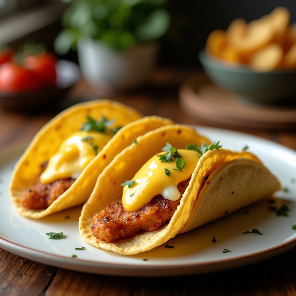 Tacos dorados y crujientes rellenos de huevo frito con yema líquida y queso derretido burbujeante, servidos en un plato de barro con perejil fresco y salsa picante al lado, receta viral TikTok.