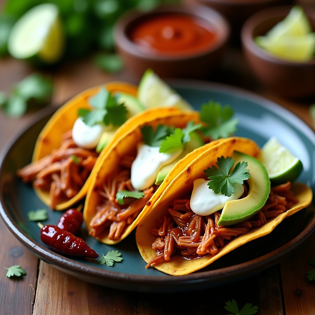 Tacos de tinga de pollo al chipotle en airfryer, con tortillas de maíz doradas rellenas de pollo desmenuzado en salsa ahumada, aguacate, cilantro y crema, sobre un plato de barro rústico.