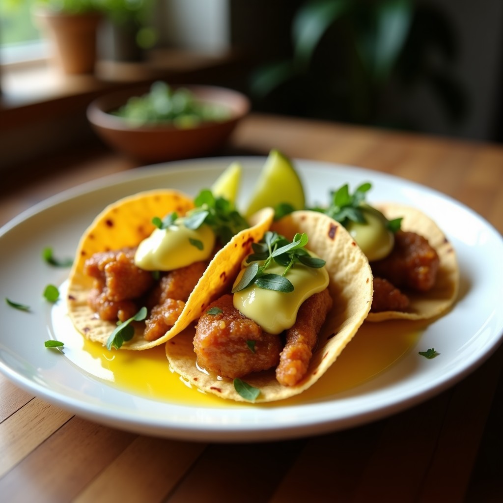 Plato de tacos de totopo de maíz azul crujientes, rellenos de salsa cremosa de yuzu y aguacate, decorados con cebolla morada, cilantro y semillas de sésamo negro, servidos sobre una tabla de madera rústica.