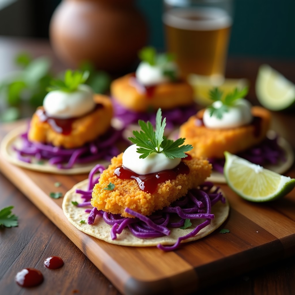 Plato con tacos de tres leches con pescado emporado dorado y crujiente, servidos en tortillas de maíz azules con repollo morado, crema ácida y salsa negra, sobre fondo rústico de madera.