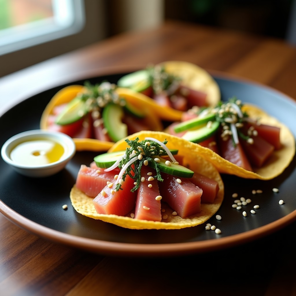 Tacos de atún ahumado estilo japonés en airfryer, con tortillas de maíz doradas, filetes de atún jugoso, aguacate, pepino, cebolla morada, semillas de sésamo y algas nori, servidos en un plato de madera con salsa de wasabi al lado.