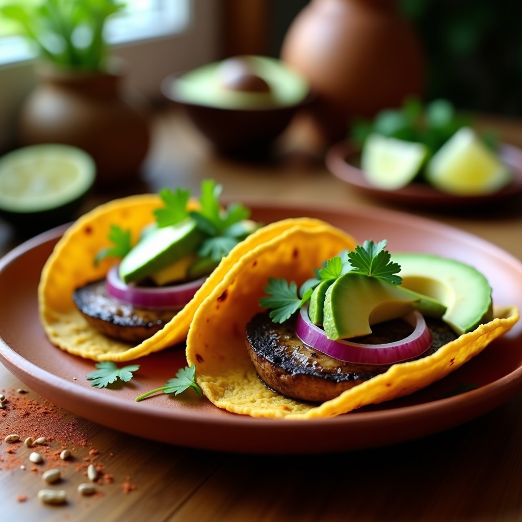 Tacos veganos de champiñones portobello ahumados en tortillas de maíz, con cebolla morada, aguacate y cilantro fresco, servidos en un plato de barro con rodajas de limón.
