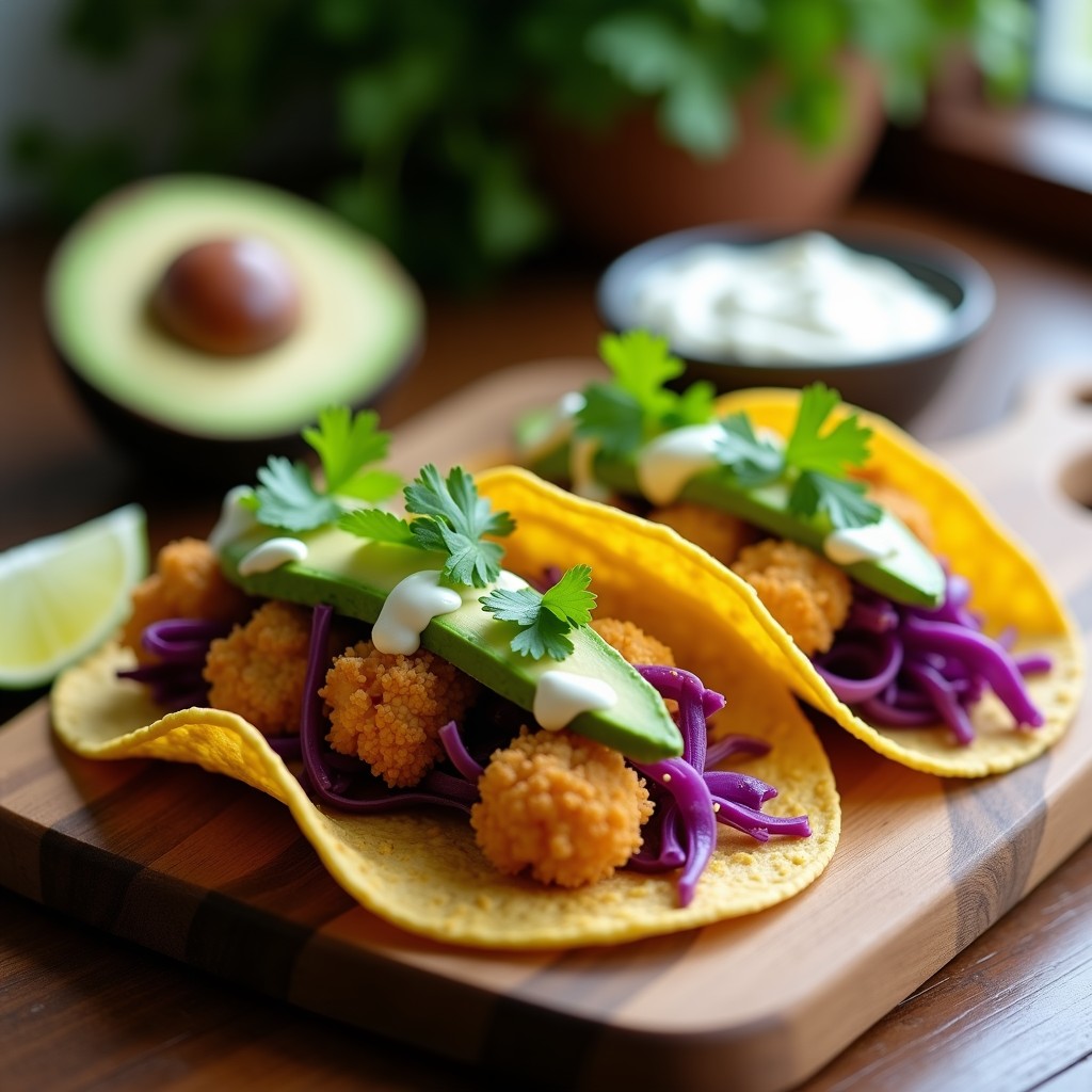 Tacos veganos de coliflor ahumada en airfryer, crujientes y dorados, servidos en tortillas de maíz con lechuga morada, aguacate y crema de anacardos.