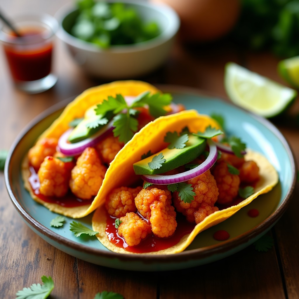 Plato colorido con tacos veganos de coliflor al pastor, rellenos de floretes dorados, piña asada, cebolla morada, aguacate y cilantro fresco sobre tortillas de maíz, con fondo rústico.
