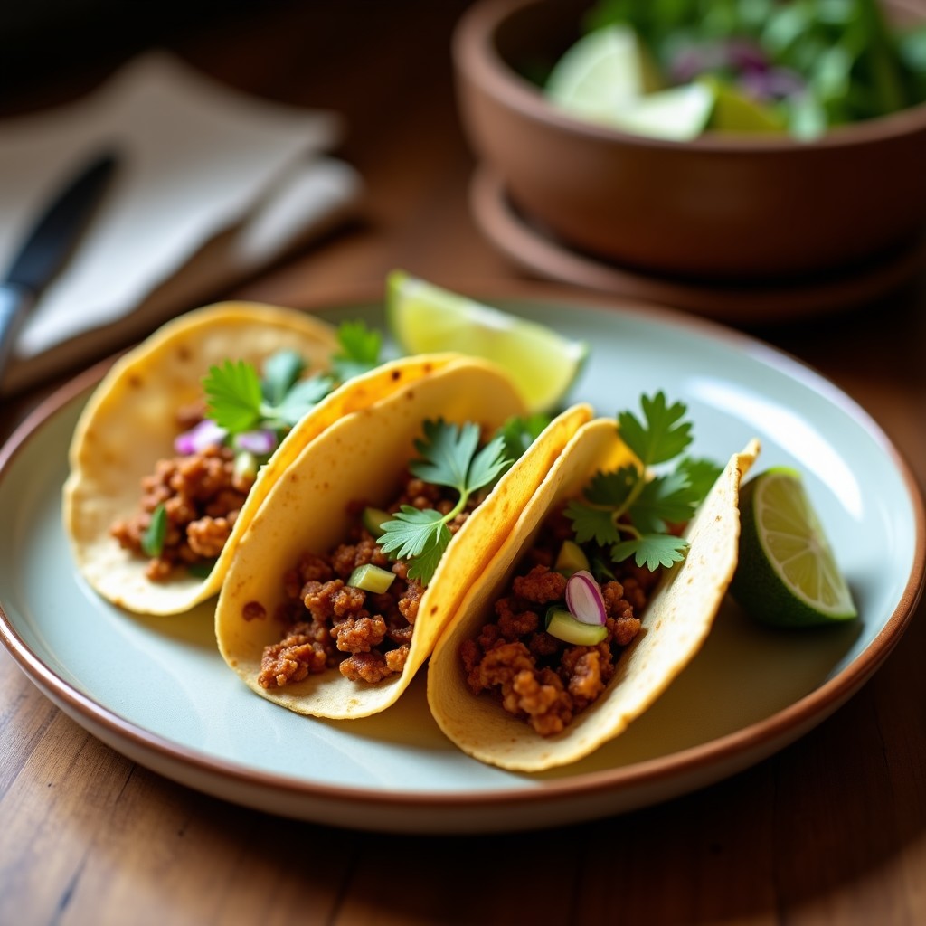 Plato de tacos veganos con hongos ostra ahumados en tortillas de maíz, acompañados de aguacate, repollo morado y cilantro fresco, receta mexicana rápida y alta en proteína.