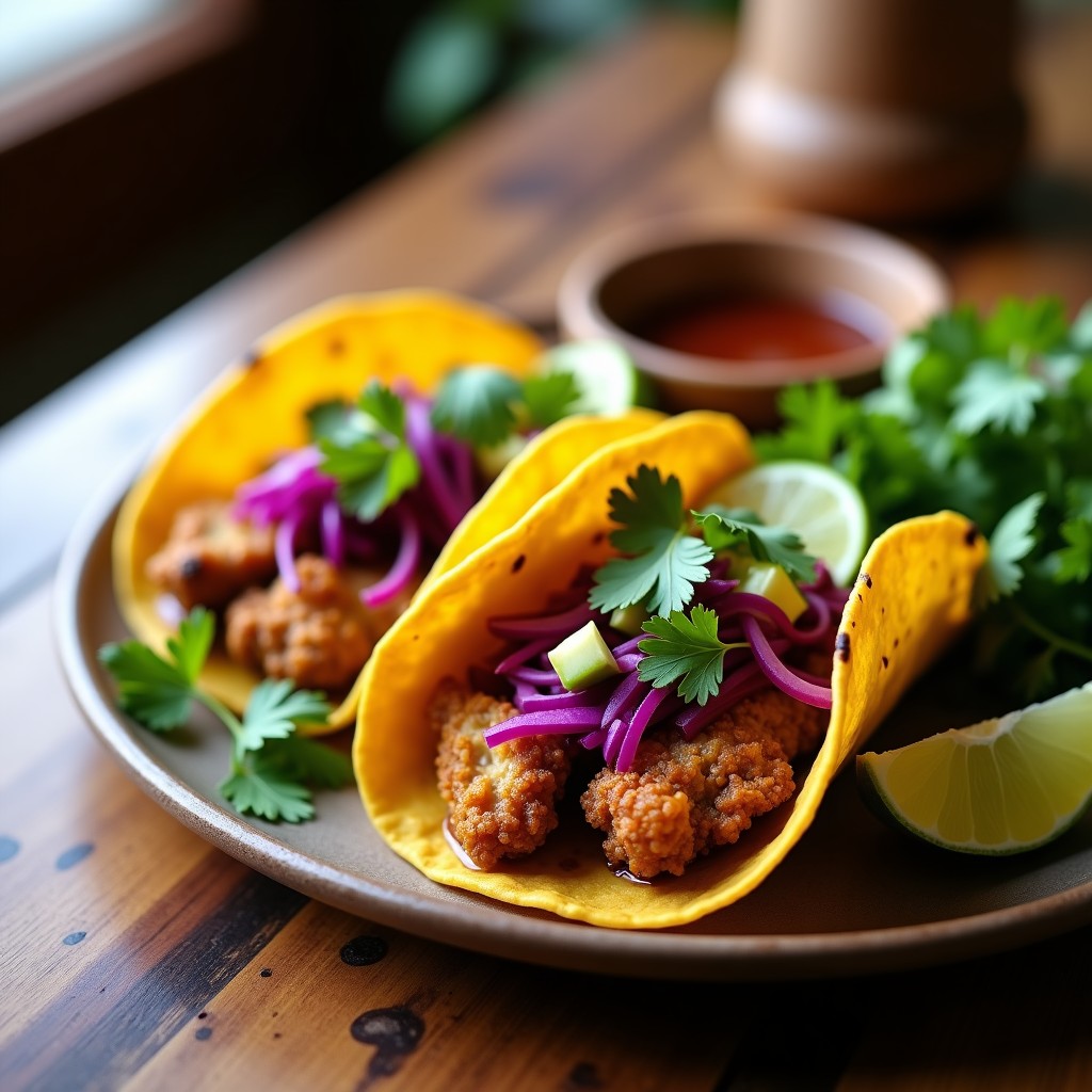 Plato de tacos veganos de hongo ostra crujientes en tortillas de maíz, decorados con lechuga morada, aguacate y cebolla, acompañados de limón y cilantro fresco, receta airfryer.