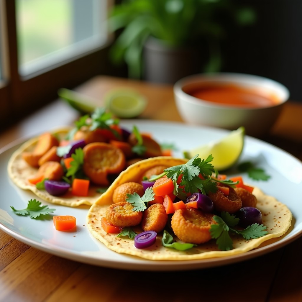 Tacos veganos de hongo ostra dorados y crujientes servidos en tortillas de maíz, acompañados de encurtidos de zanahoria morada, aguacate en cubos y cilantro fresco, con un fondo rústico de madera.