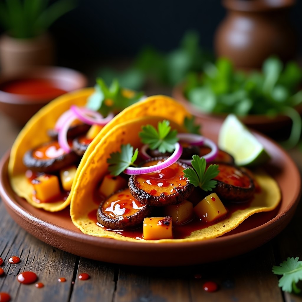 Plato de tacos veganos de hongo ostra al pastor con piña asada, cebolla morada y cilantro sobre tortillas de maíz doradas, servidos en un plato de barro con limón al lado.