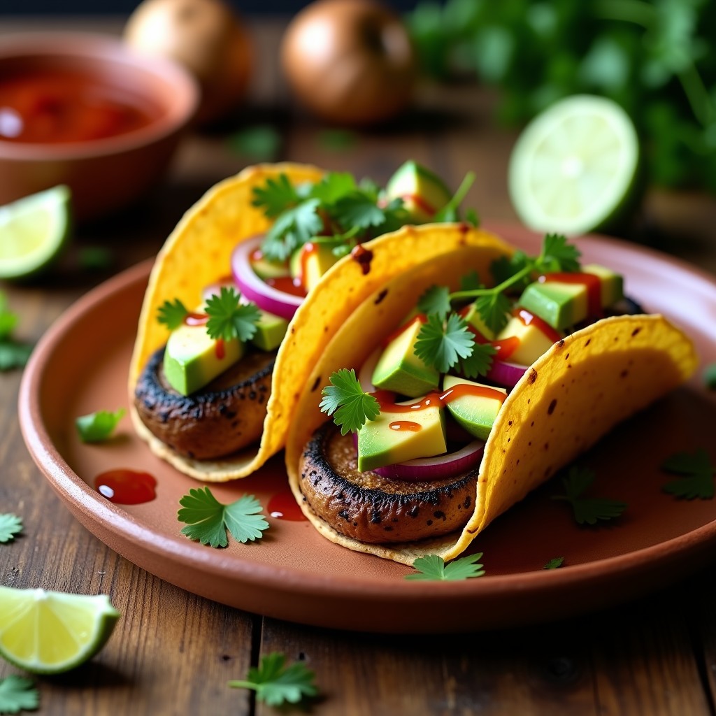 Tacos veganos de portobello ahumado en tortillas de maíz, con cebolla morada, aguacate y cilantro fresco, servidos en plato de barro rústico.