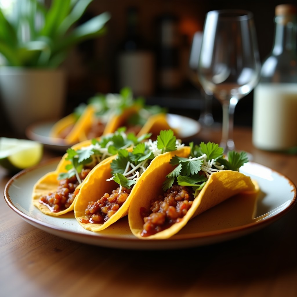 Plato de tacos veganos de hongo rey ostra dorados en airfryer, servidos en tortillas de maíz con cebolla morada, aguacate y cilantro fresco.