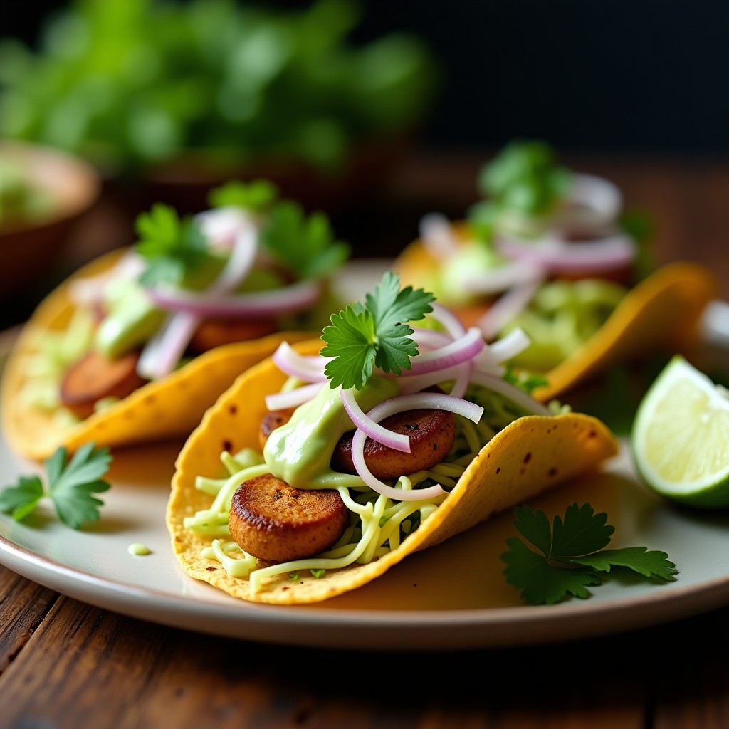 Tacos veganos de hongos ostra dorados en airfryer, servidos en tortillas de maíz con salsa de aguacate, cebolla morada y cilantro fresco.