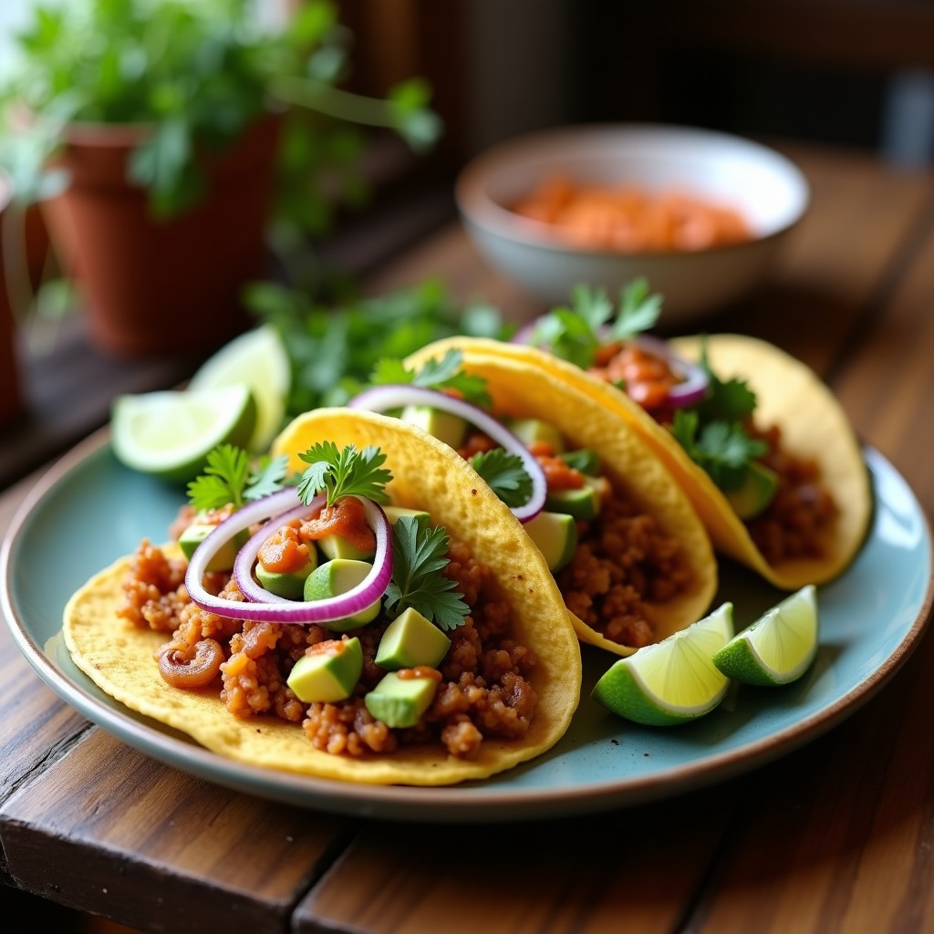 Plato de tacos veganos rellenos de hongos oyster desmenuzados y dorados, acompañados de aguacate, cebolla morada, cilantro fresco y salsa chipotle cremosa sobre tortillas de maíz tostadas.