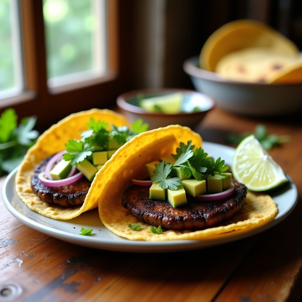 Tacos veganos de hongos portobello ahumados sobre tortillas de maíz, acompañados de aguacate, cebolla morada y cilantro fresco.