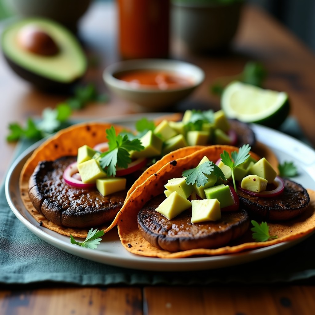 Plato de tacos veganos de hongos portobello al chipotle en tortillas de maíz azules, acompañados de aguacate, cebolla morada y cilantro fresco. Receta express mexicana alta en proteína.