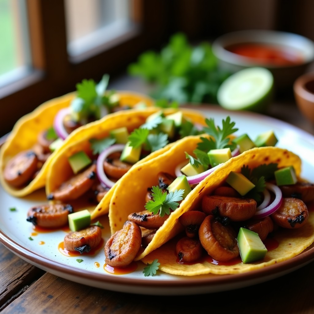 Tacos veganos abiertos con hongos shitake dorados en airfryer, aguacate, cebolla morada y cilantro sobre tortillas de maíz, con salsa chipotle. Receta umami rápida y alta en proteína.
