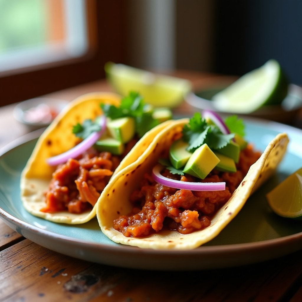 Plato de tacos veganos de jackfruit adobada servidos en tortillas de maíz, con aguacate, cilantro y limón, receta rápida y ahumada.
