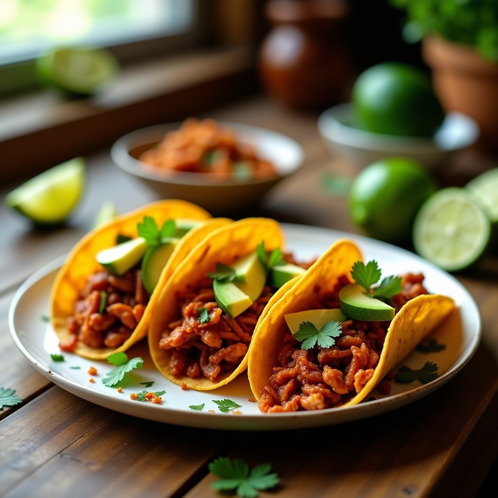 Plato con tacos veganos de jackfruit adobado en tortillas de maíz, acompañados de aguacate, cilantro y limón, receta airfryer crujiente.