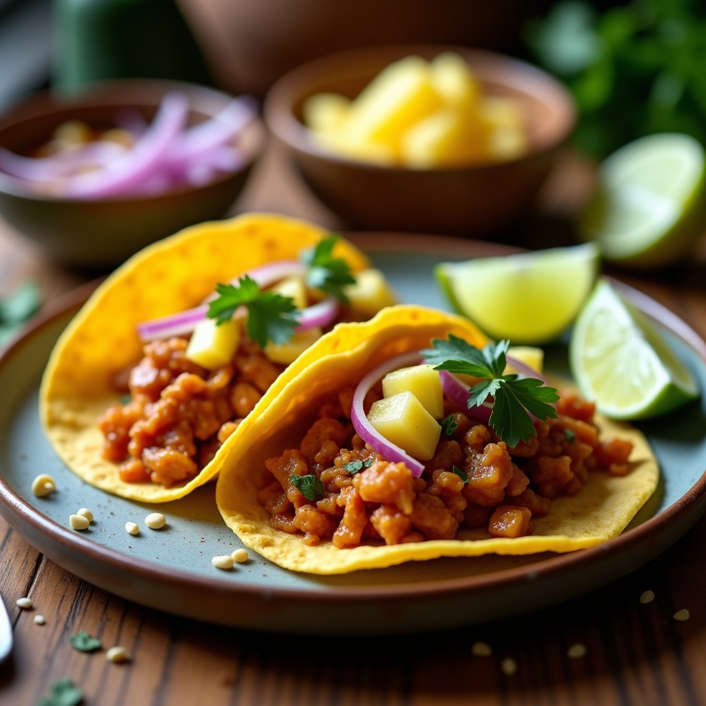 Tacos veganos de jackfruit adobado servidos en tortillas de maíz, con trozos dorados de jackfruit, piña fresca, cebolla morada y cilantro, espolvoreados con semillas de sésamo.