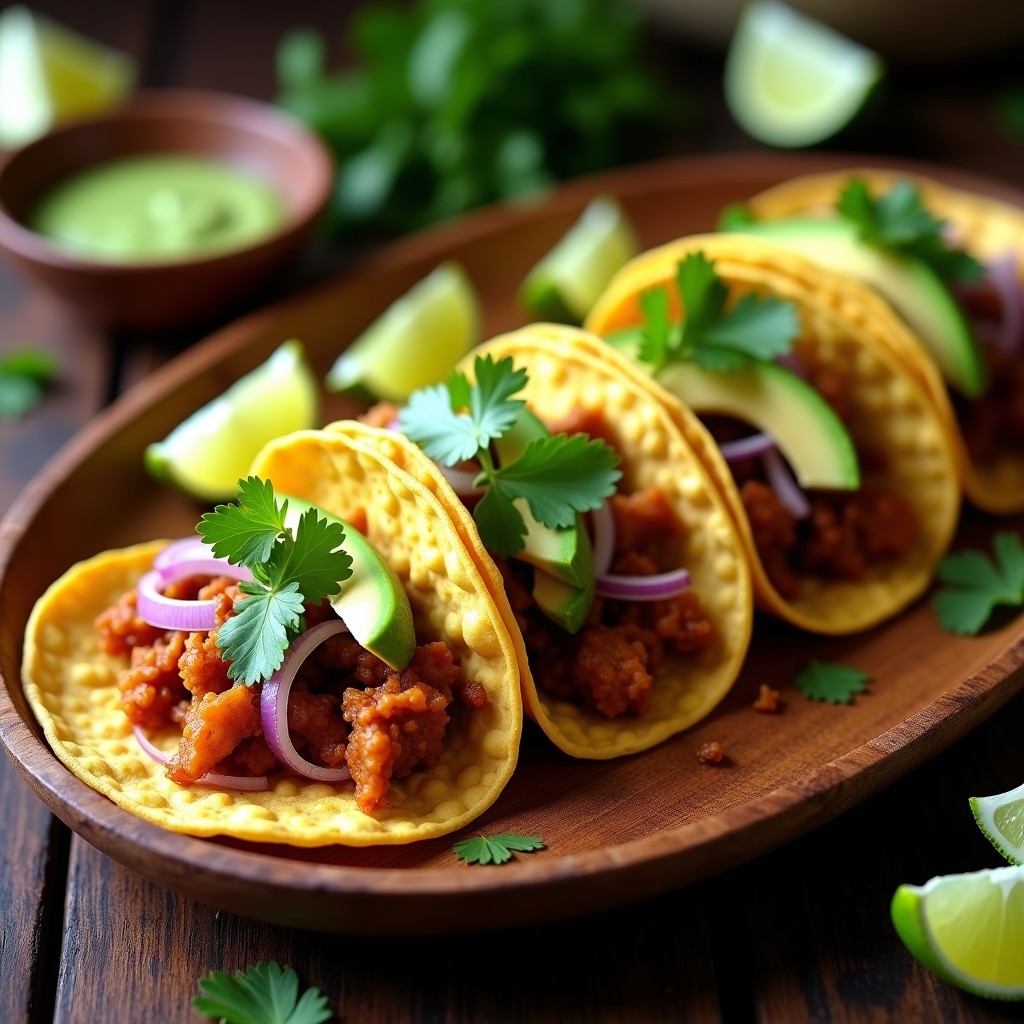 Plato de tacos veganos de jackfruit al adobo sobre tortillas de maíz, con aguacate, cilantro fresco y cebolla morada, servidos en una tabla de madera rústica.