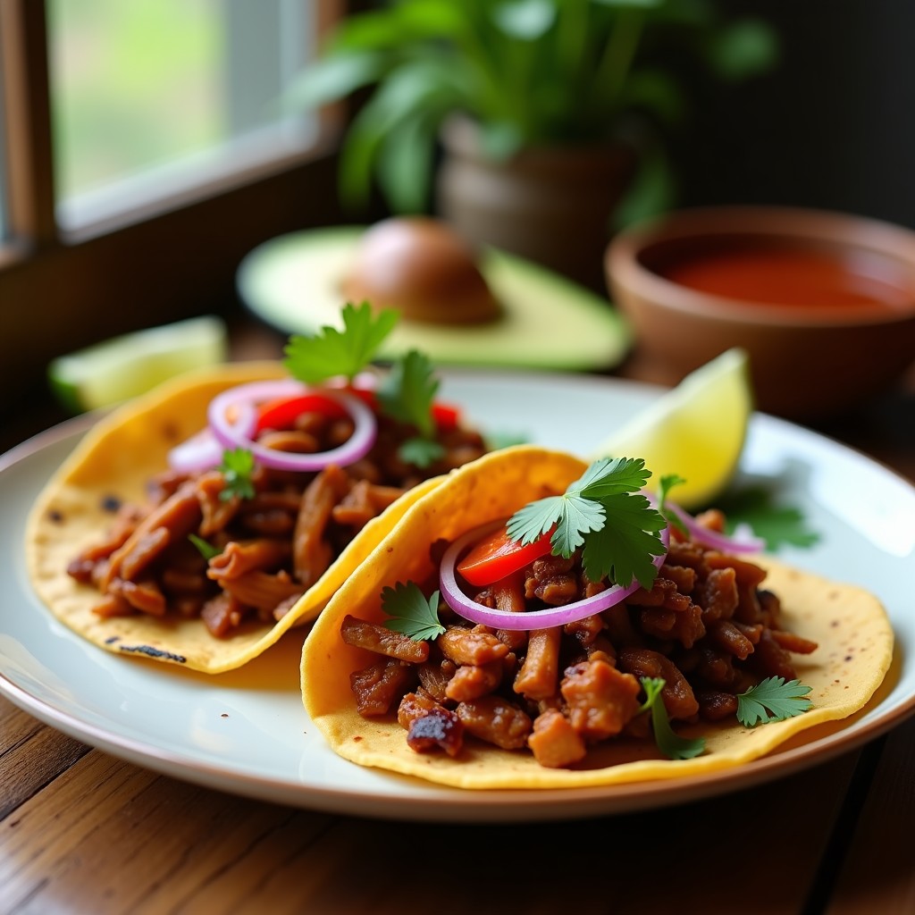 Plato de tacos veganos abiertos con jackfruit ahumado desmenuzado, cebolla morada, pimiento rojo y cilantro fresco sobre tortillas de maíz tostadas, acompañados de aguacate y gajos de limón.