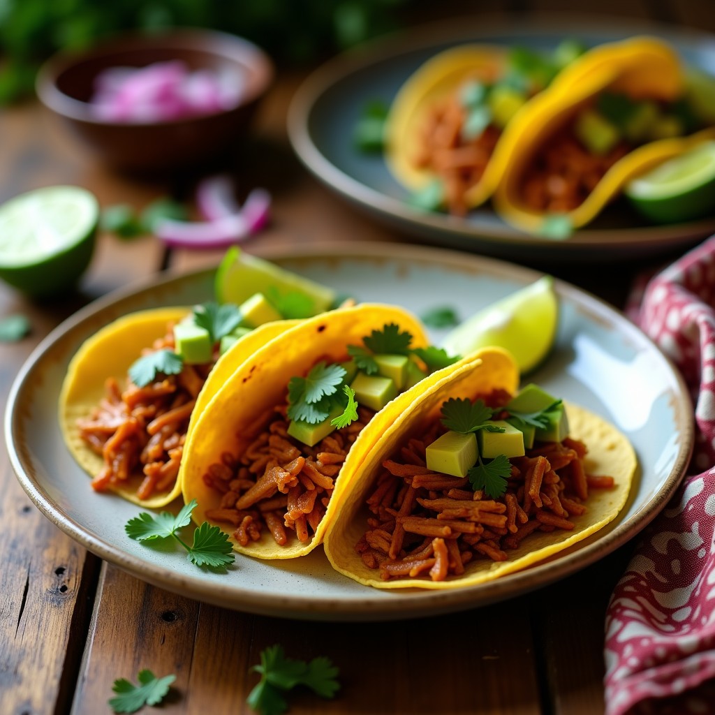 Plato de tacos veganos de jackfruit ahumado en tortillas de maíz, acompañados de aguacate en cubos, cilantro fresco y rodajas de limón, sobre una mesa rústica de madera.