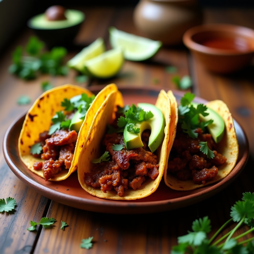 Plato de tacos veganos de jackfruit al chipotle con salsa barbacoa casera, aguacate y cilantro en tortillas de maíz, servidos en un plato de barro rústico.