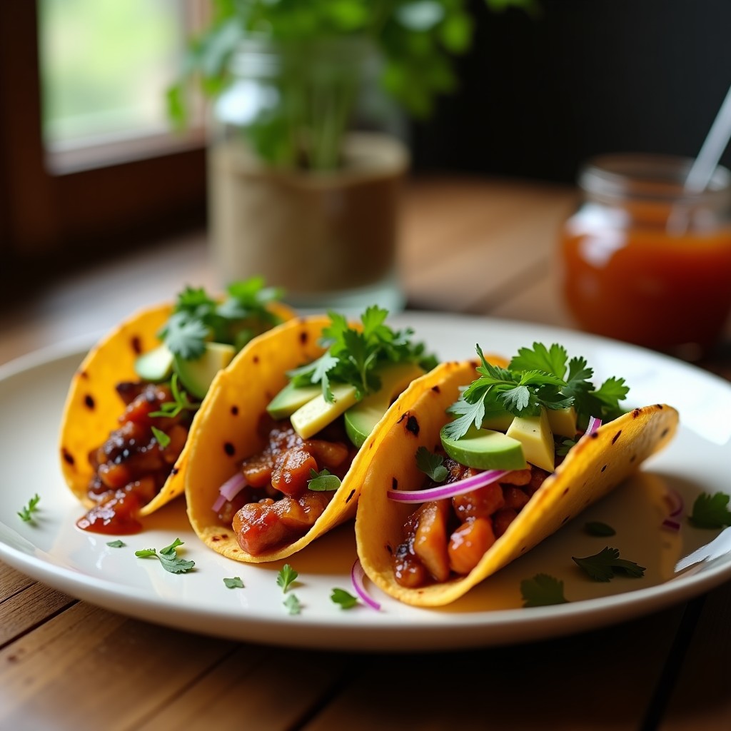 Tacos veganos de jackfruit al barbecue en horno, servidos en tortillas de maíz con aguacate, cilantro y cebolla morada, sobre tabla de madera rústica.