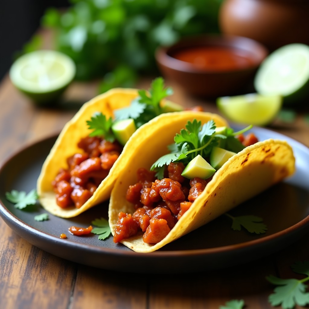 Plato con tacos veganos de jackfruit al barbecue en tortillas de maíz, acompañados de aguacate en cubos, cilantro fresco y un toque de limón, sobre una mesa rústica de madera.
