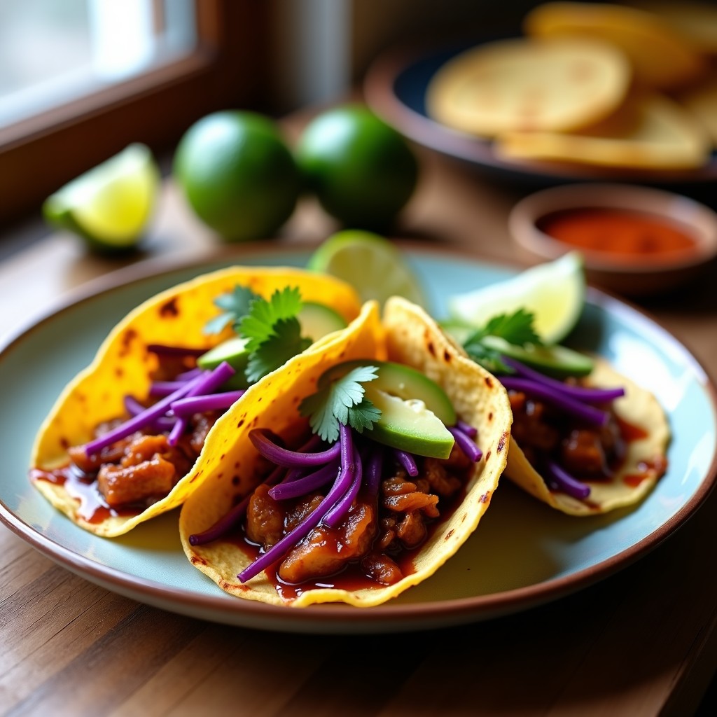 Tacos veganos de jackfruit ahumado con salsa BBQ, servidos en tortillas de maíz con lechuga morada, aguacate y cilantro fresco, receta airfryer sin aceite.