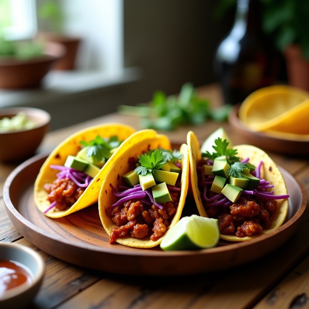 Tacos veganos de jackfruit BBQ servidos en tortillas de maíz, con relleno desmenuzado y jugoso, aguacate en cubos, repollo morado en juliana y cilantro fresco, sobre un plato de madera rústico.