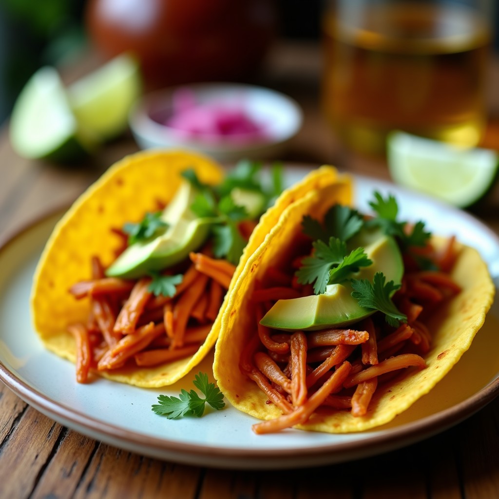 Tacos veganos abiertos con jackfruit desmenuzada al chipotle, servidos en tortillas de maíz doradas, acompañados de aguacate en cubos y cilantro fresco picado.