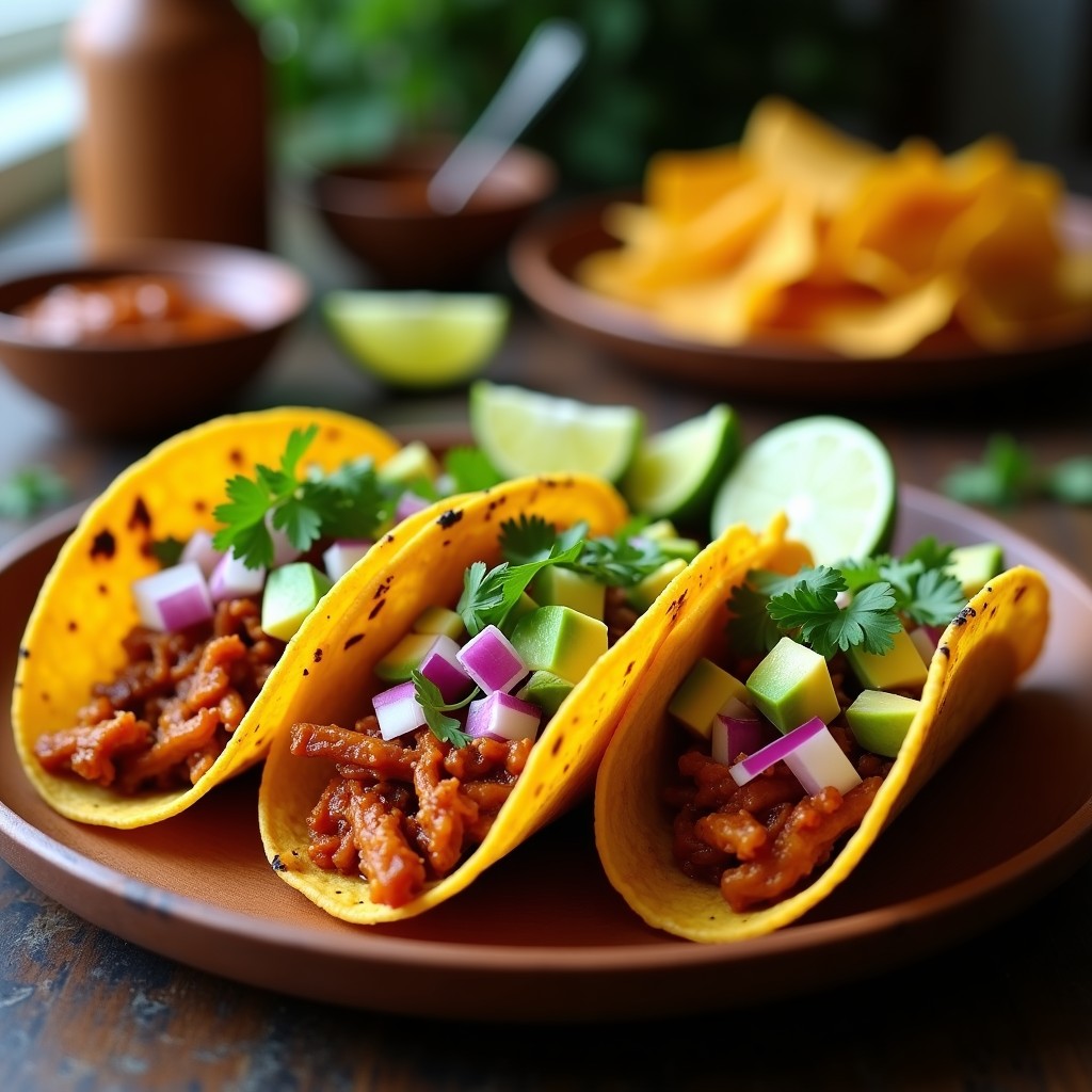 Tacos veganos de jackfruit desmenuzada en tortillas de maíz, con aguacate, cebolla morada y cilantro, servidos en plato de barro con fondo rústico.