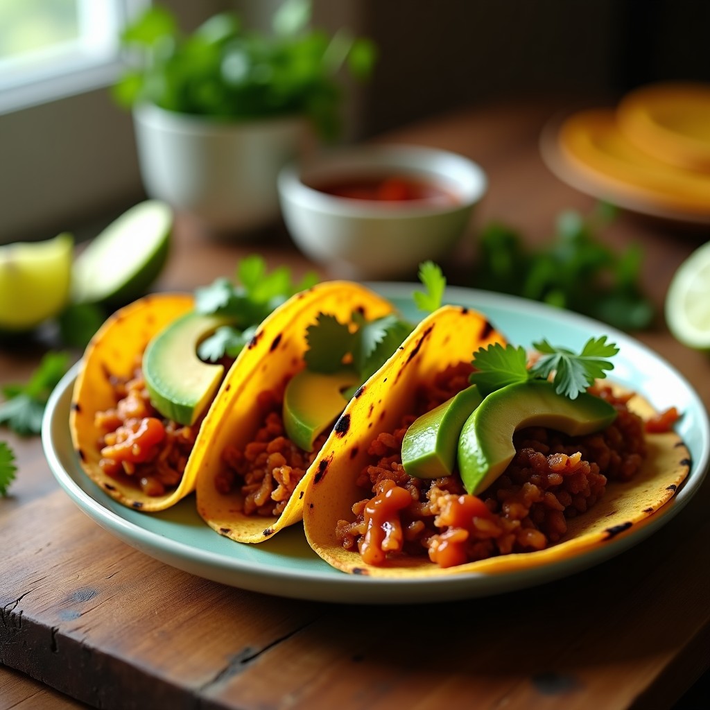 Plato de tacos veganos de jackfruit desmenuzado en tortillas de maíz, acompañados de aguacate, cilantro y salsa picante, con fondo rústico de madera.