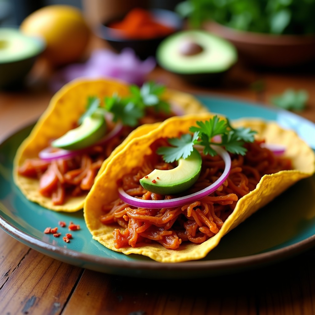 Tacos veganos de jackfruit al pibil estilo Yucatán, servidos en tortillas de maíz con cebolla morada, aguacate y cilantro fresco, envueltos parcialmente en hoja de plátano para resaltar su aroma ahumado.